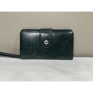Hobo International Danette Green Leather Tab Bifold Wallet Retractable Strap
